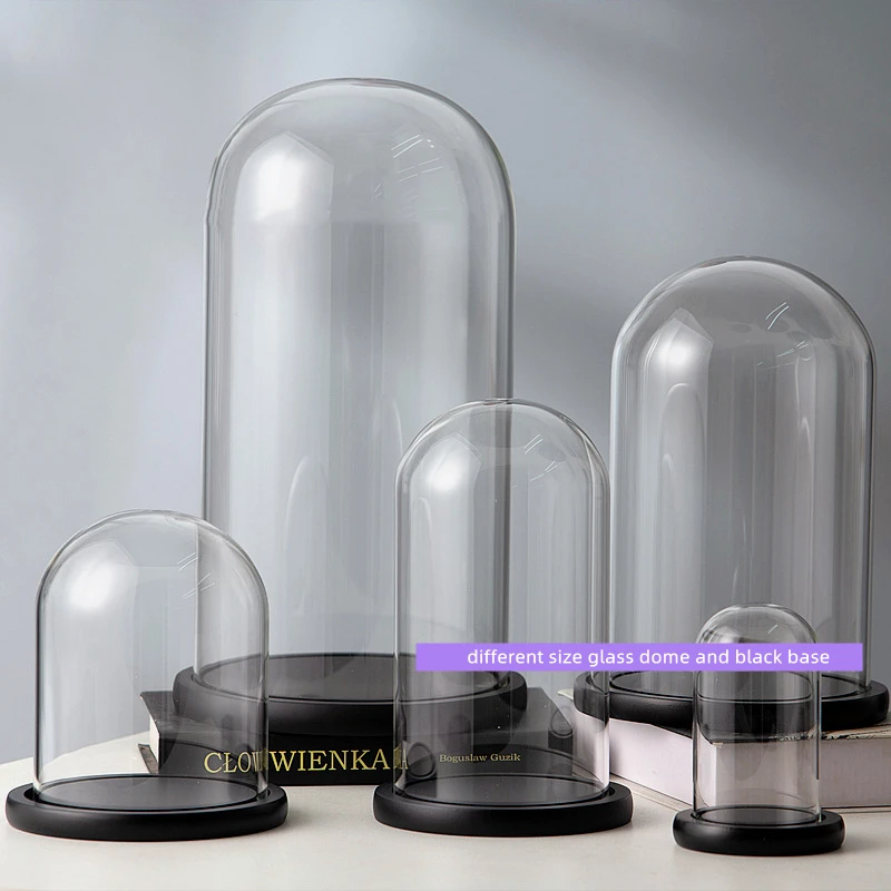 Diameter=20cm Different Height Big Size Transparent Glass Dome Vase Decoration Flat Black Base Cover DIY Gift Wedding Souvenir