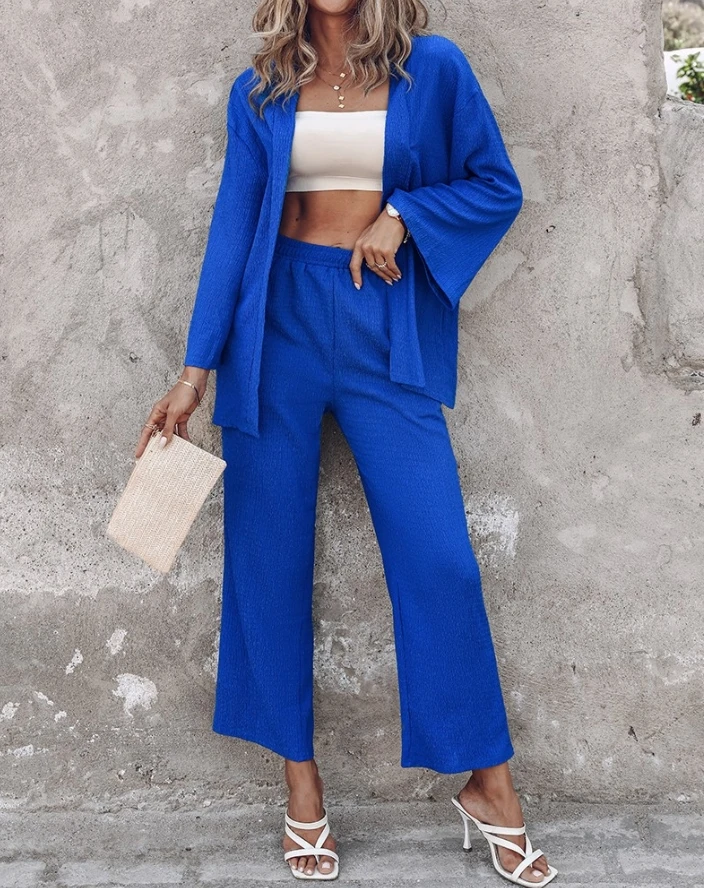 Two Piece Set Women Outfit 2024 Spring Summer Casual Fahsion Solid Color Long Sleeve Open Front Top & Wide Leg Pants Set