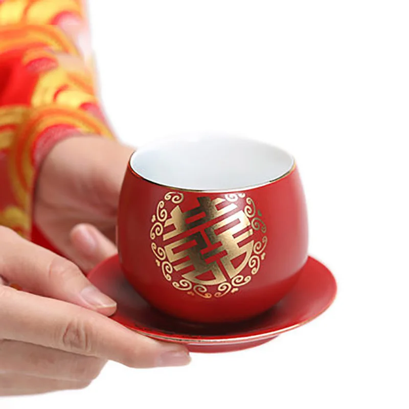 Chinese Red Wedding Ceramic Teacup Tea bowl Double Happiness Porcelain Coffee mugs Wine Cups Drinkware Supplies