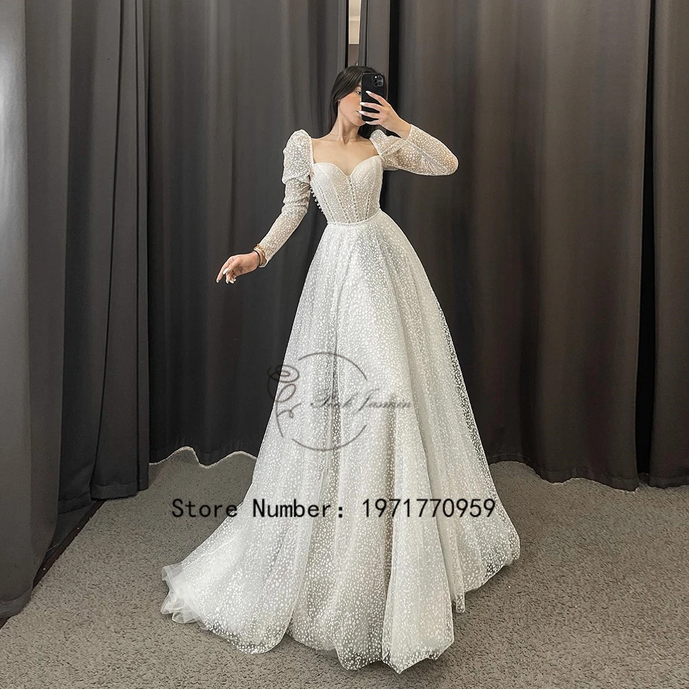 

Princess Glitter Ivory Wedding Dresses For Women New Sweetheart Gorgerous Full Sleeves Court Train Bridal Gowns Robe De Mariée