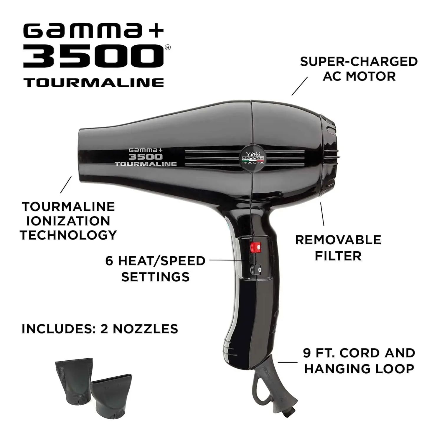 Professional Salon Tourmaline Ionic Hair Dryer, 2 Nozzles, 6 Heat/Speed Settings