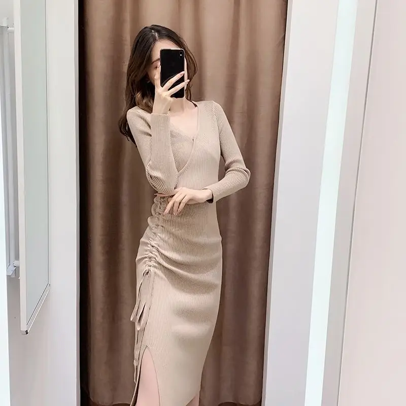 

V Neck Hrajuku for Women's Girl Streetwear Solid Color Casual Y2k Office Lady Draw String Cute Vintage Elegant Fashion Dresses
