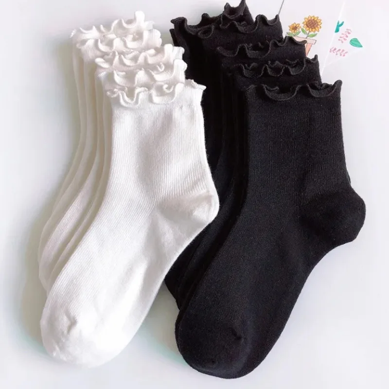 

Ruffle Socks Women White Black Frilly Lolita Style Japanese Maiden Cute Kawaii Cotton Harajuku Princess Crew Socks