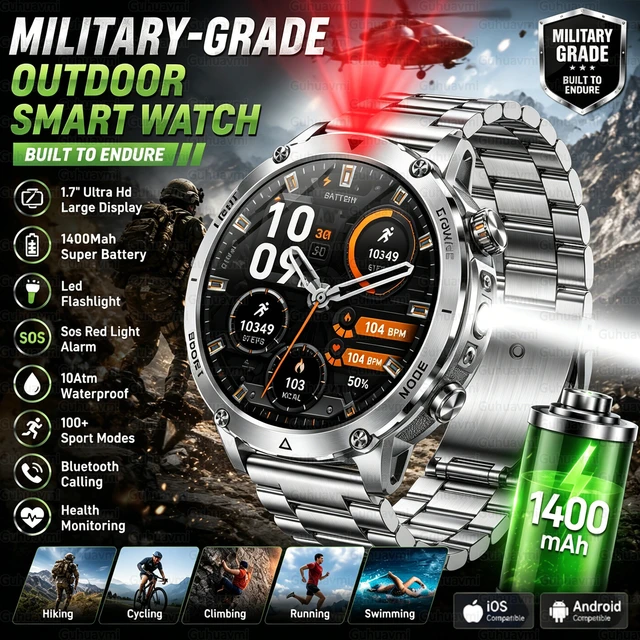 Montre connectée militaire TANK, batterie de 1400mAh, étanche 10ATM, robuste, alerte SOS, moniteur de fréquence cardiaque, bracelet intelligent pour l'extérieur 1