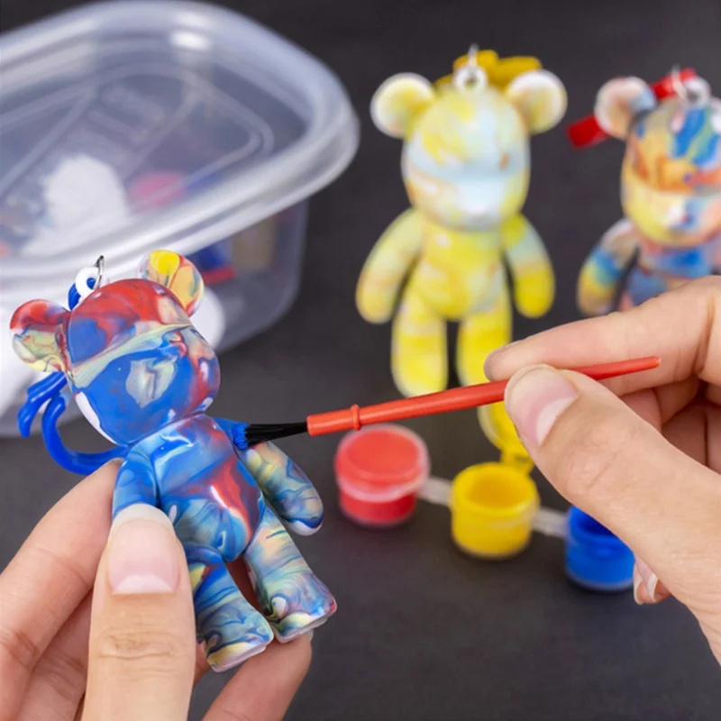 DIY Fluid Bear Brick Key Chain Handmade DIY Color bear paint Parent-child fluid painting children's toys bear key chain