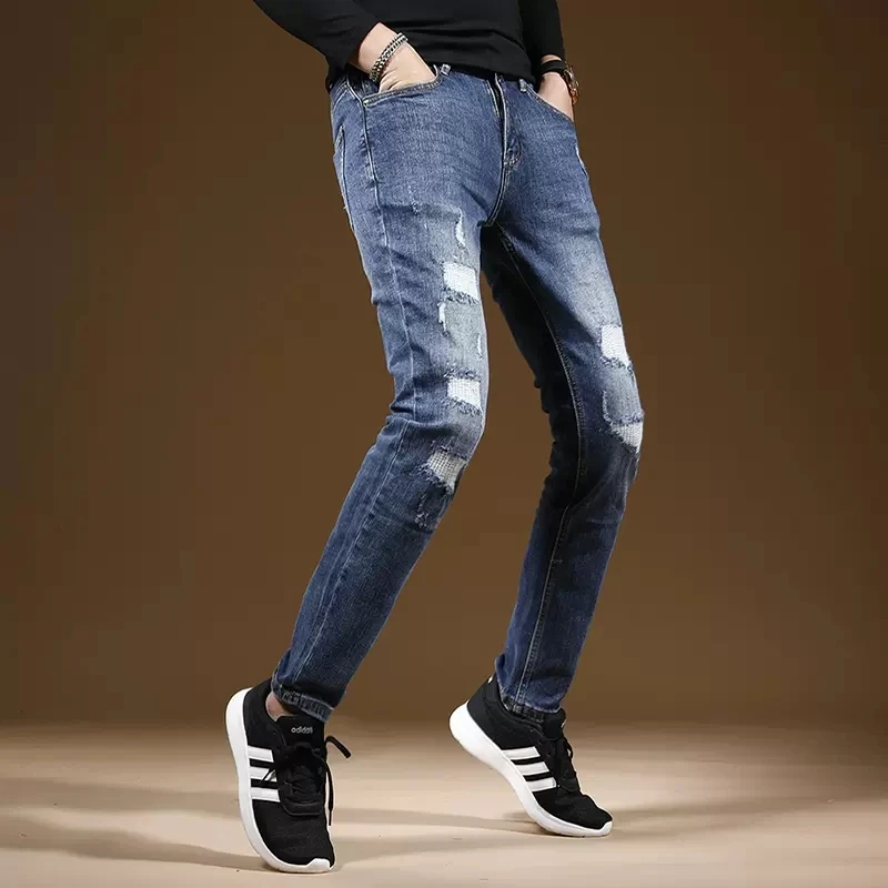 Men Blue Ripped Jeans Autumn Mens Casual Pants Streetwear Fashion Slim Fit Straight Denim Trousers CP1995