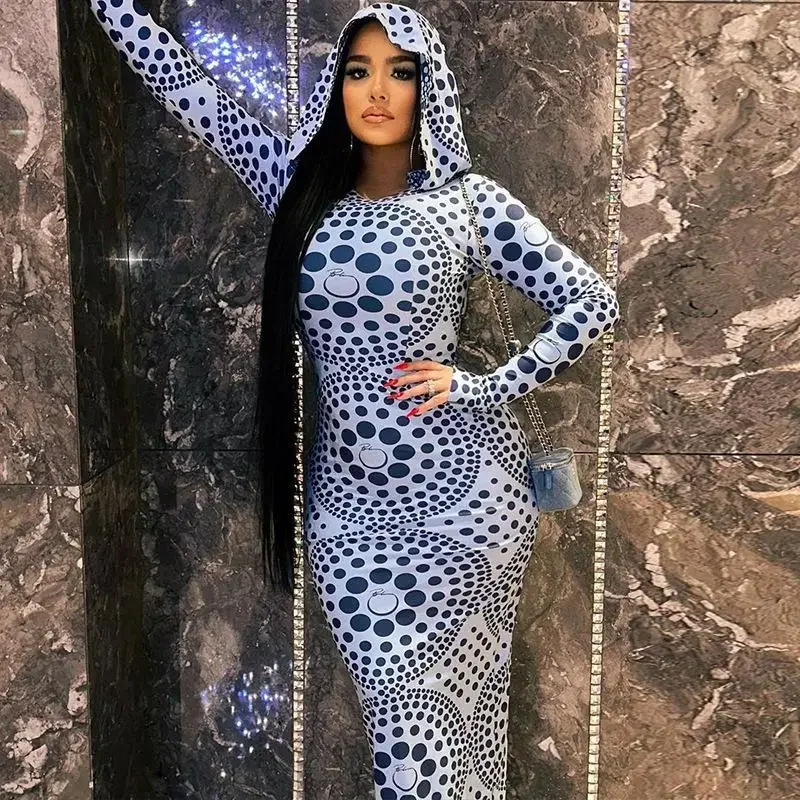 461011001 Fashionable dot print hooded long sleeved buttocks wrapped slim fitting dress for street trendy women