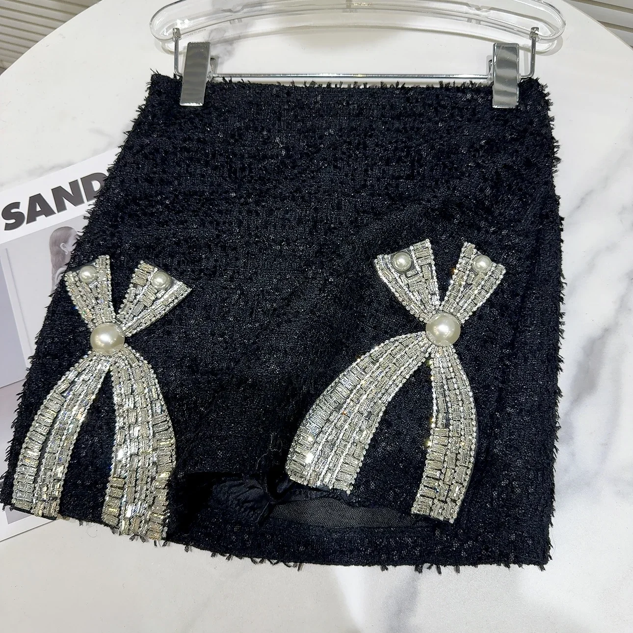 Office Lady Skirt Sets Women Fall Winter Crew Neck Long Sleeve Short Coat Pearl Bow Rhinestone Quilted Short Coat Skirt Outfit