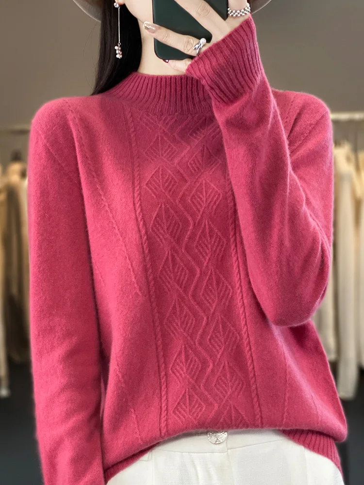 Women Mock-neck Grace Pullover Sweater Autumn Winter Warm Soft 100% Merino Wool Knitwear Korean Fashion Casual Jumpers 2023 New