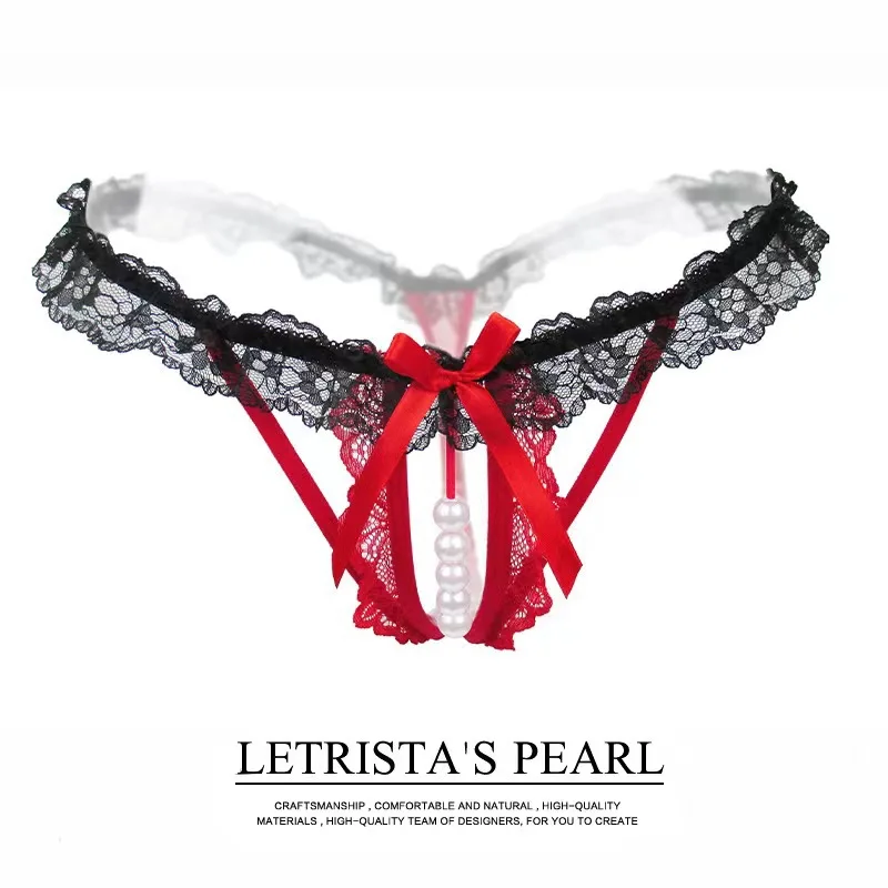 Cosplay Erotic Panties Lace Pearls Embroidered Decorative Uniforms Transparent Erotic Thongs Low Rise Hollow Open Thongs cosplay underpants