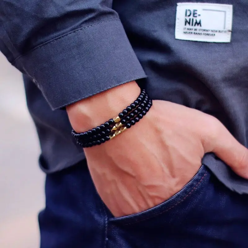 Men Wooden Copper Bead Bracelet Set Natural Stone