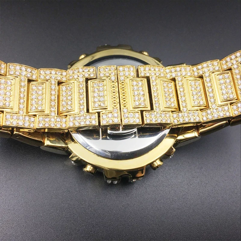 Luxury 18k Gold Watch Men Full Diamonds Mens Quartz Watches LED Digital Male Clock Hip Hop Wristwatches  Steel Band Relogio box
