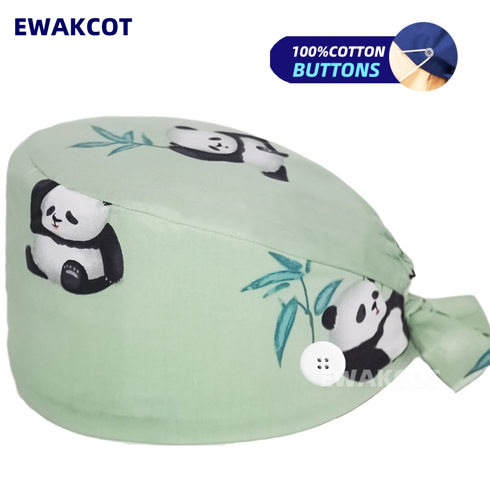 Unisex Scrub Cap with Buttons Panda Printed Cotton Nursing Work Hats
