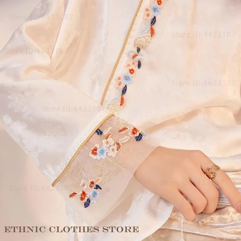 New Chinese Style Female Tang Clothes Tops Retro Slant Collar Embroidery Hanfu Shirt Blouse Spring Summer Satin Outwear Qipao