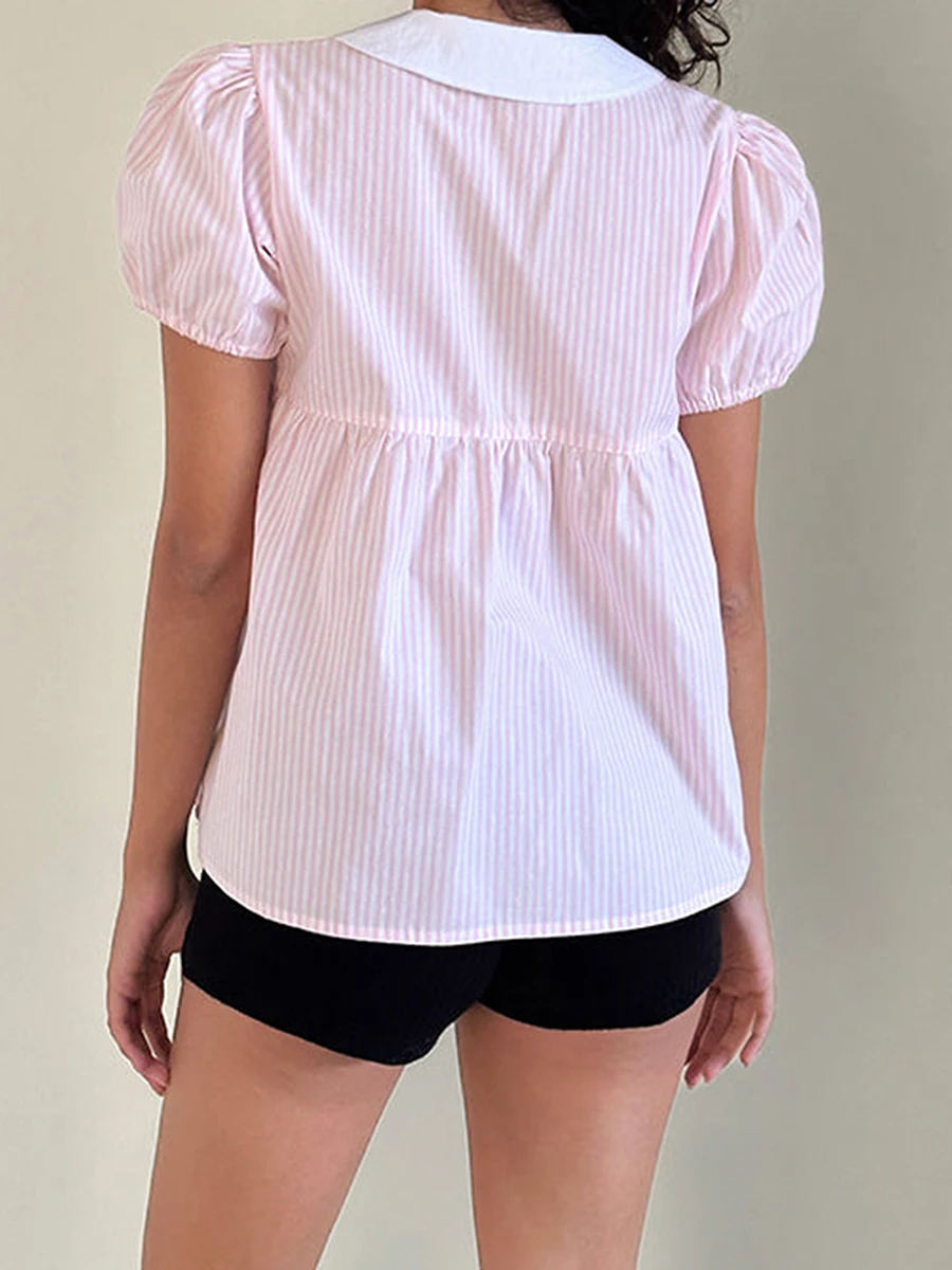 Women s Blouse Stylish Short Sleeve Peter Pan Collar Button-up Shirt with Chic Stripes for Trendy Summer Outfits