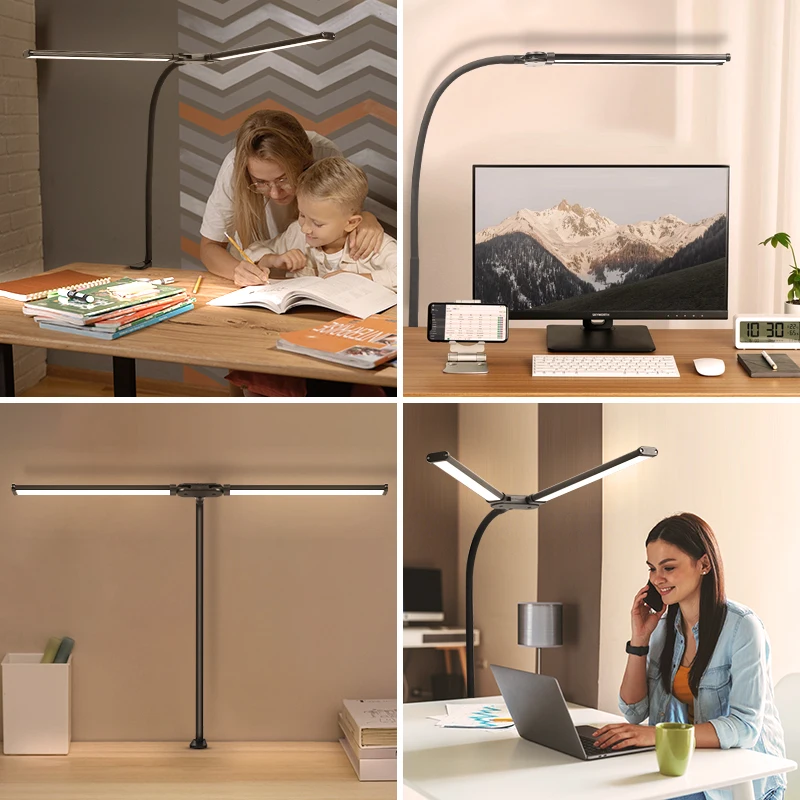 Table Lamp Double Head LED Desk Lamp Stepless Dimmable Computer Monitor Lights USB Foldable for Office Reading