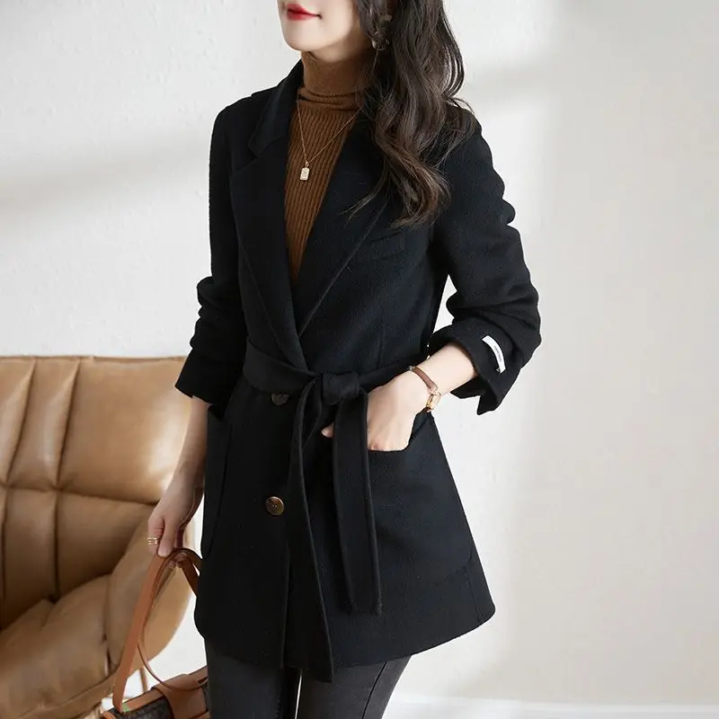 Wool Jacket for Women Fall Winter 2023 New Korean Fashion Long Sleeve Single Breasted Coats Office Ladies Blazer Jacket