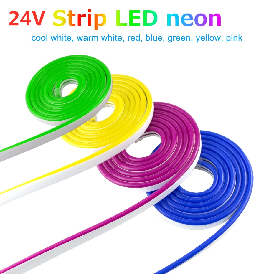 Impermeabile Dc24V Neon Led Light 3M 5M 10M Soft Flessibile 24V Led Neon Strip Bianco Caldo Blu Rosa Giallo Indoor Outdoor Home Decor