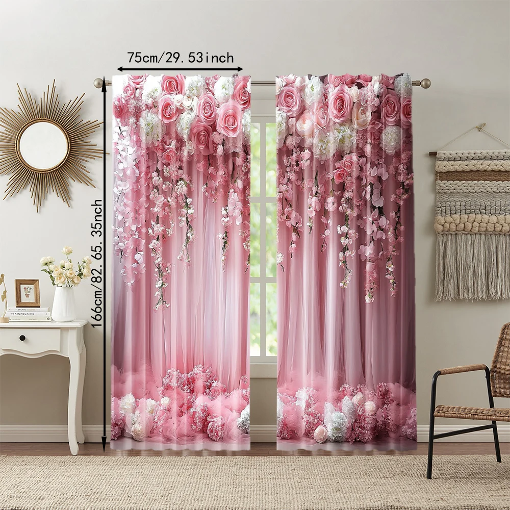 2 pcs, versatile polyester transparent curtains for home decoration Pink Floral for use in bedrooms and living rooms 3