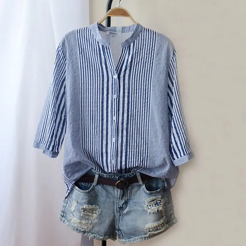 

Button Striped Cotton Linen Women Shirts Summer Vintage 2023 V-Neck Half Sleeved Slim Elegant Female Outwear Tops