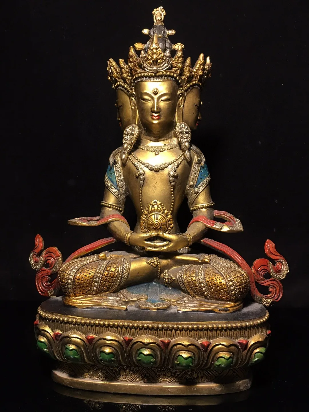 

Tibetan old copper gilded and painted Buddha statue with four sides of Tara and Avalokitesvara Bodhisattva ornaments for home us