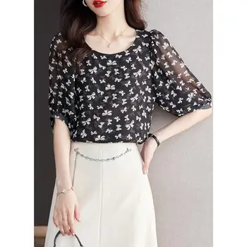 Camicetta di chiffon pullover girocollo semplice estivo Camicetta di chiffon alla moda da donna Stile leggero e maturità Elegante design con fiocco Top sottile 1