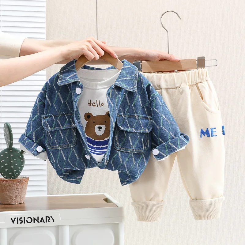 

Spring 2023 New Bear Cowboy Baseball Uniform Coat Kids Trend Set Autumn Boys and Girls Trio