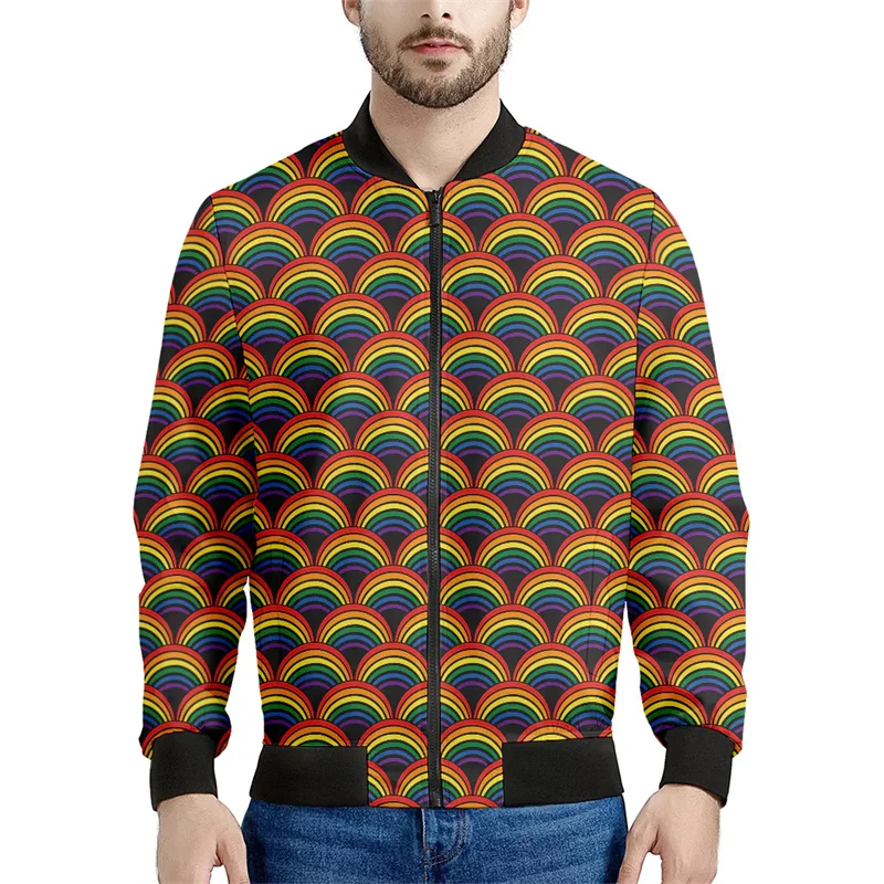 thumbnail image 1 of Chaqueta con cremallera y diseño geométrico de arcoíris a la moda para hombre, sudadera con rayas de colores con estampado 3D, chaquetas bomber urbanas geniales para niños, abrigos, 1 of 5