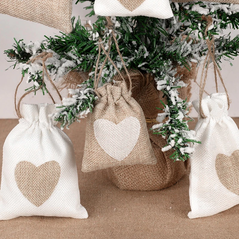 10Pcs Heart Jute Drawstring Bags For Wedding Birthday Party Decor Jewelry Pouches Natural Linen Burlap Candy Gifts Packaging