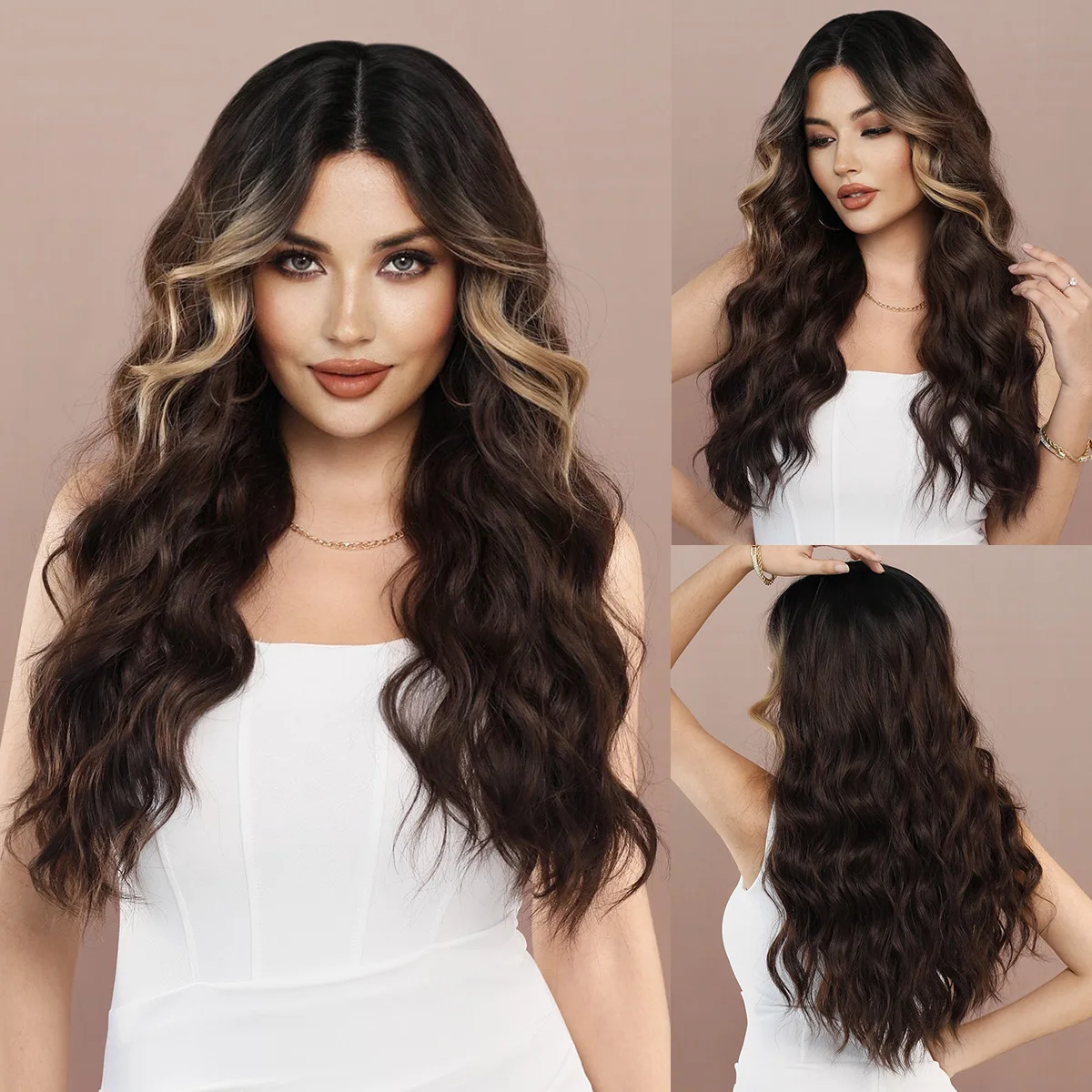 

T-shaped forehead lace, women's brown highlights, gold medium part, wavy long curls, chemical fiber wig set