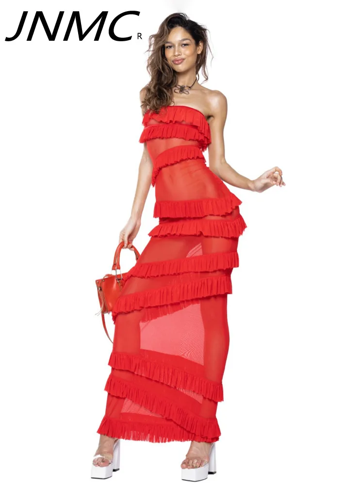 

JNMC Ladies Elegant Red Wooden Ear Trim Pleated Cake Dress Sexy Fleshy Multi-layered Irregular Tube Tube Strapless Skirt