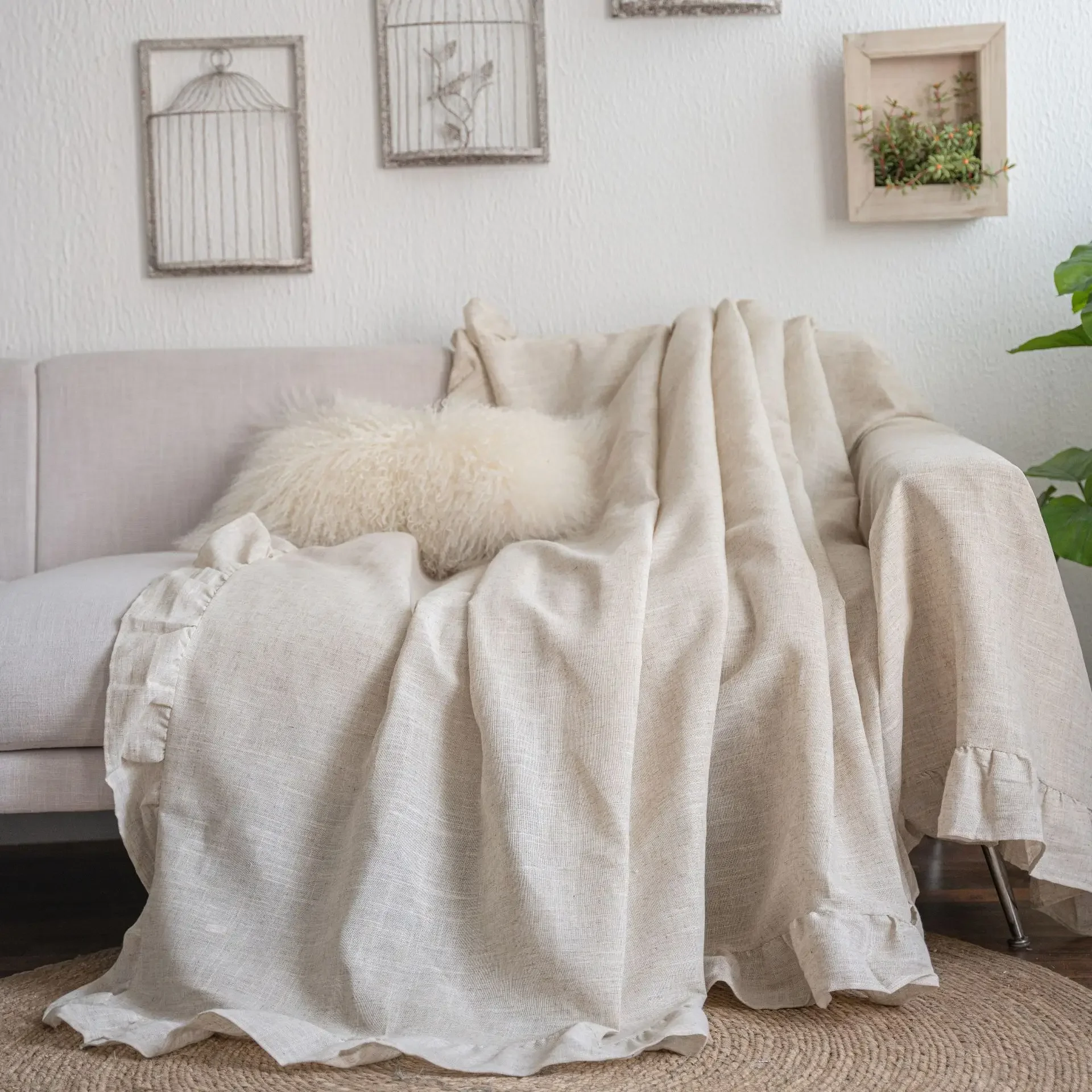 Ruffled Solid Color Sofa Covers Four Seasons Washable Cotton Linen Dustproof Couch Slipcovers Bohemian Decor Furniture Covers 6