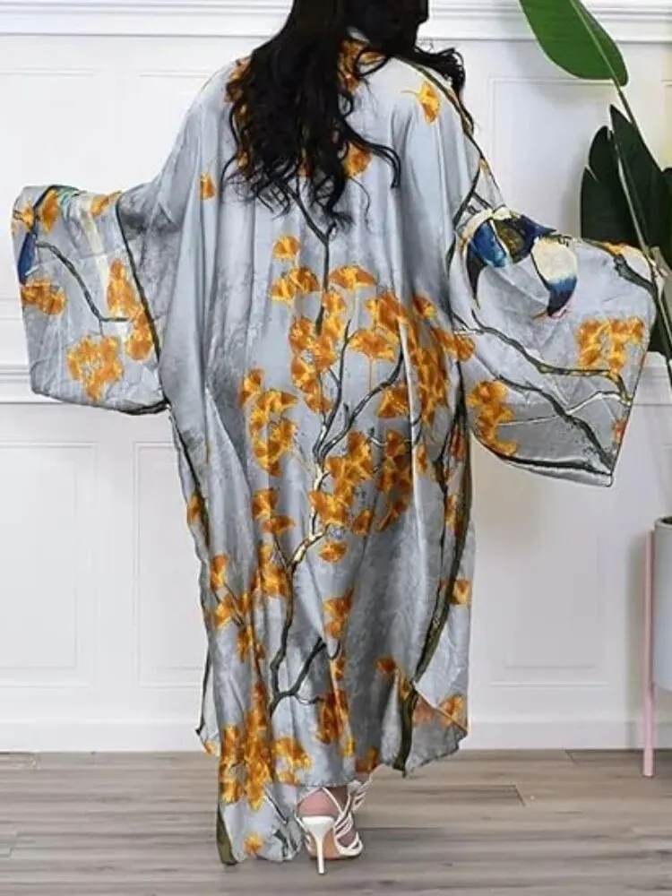 Women's Floral Print Satin Robe Kimono Cardigan Open Front Long
