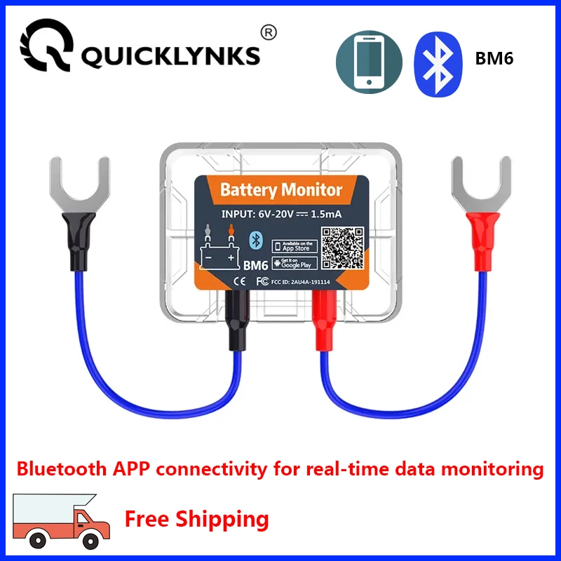 QUICKLYNKS BM6 블루투스 4.0 자동차 배터리 모니터, 12V 배터리 테스터, 충전 크랭킹 테스트, 배터리 분석기 앱, 안드로이드 IOS용
