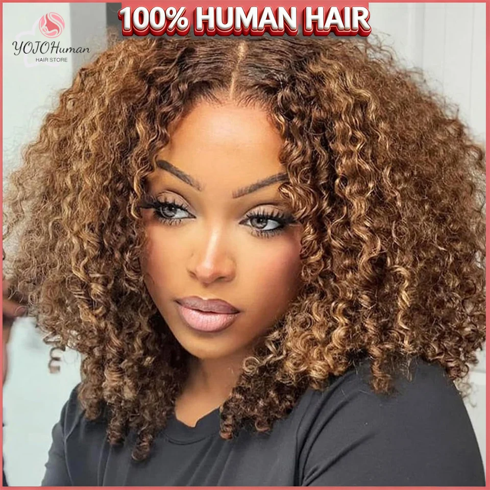Curly Short Bob Wig Highlight 4/27 Honey Blonde 100% Human Hair 13x4 Lace Front Wig Deep Wave For Women Virgin Human Hair