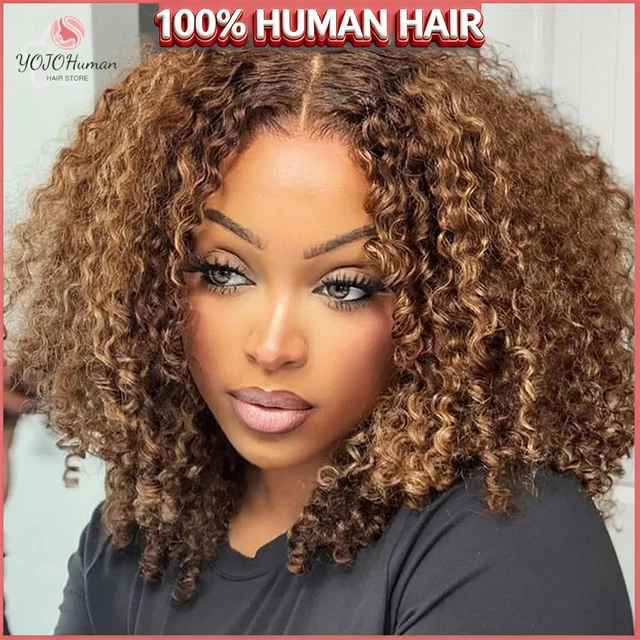 Perruque courte bouclée bob avec mèches blond miel 4/27, 100% cheveux humains, perruque frontale en dentelle 13x4, ondulations profondes pour femmes, cheveux humains vierges 1