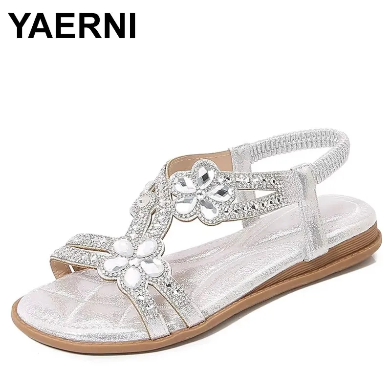 2025 Women Flat Rhinestone Sandals Bohemian Sandals Summer New Non Slip BeachElastic Low Heels Roman Sandals