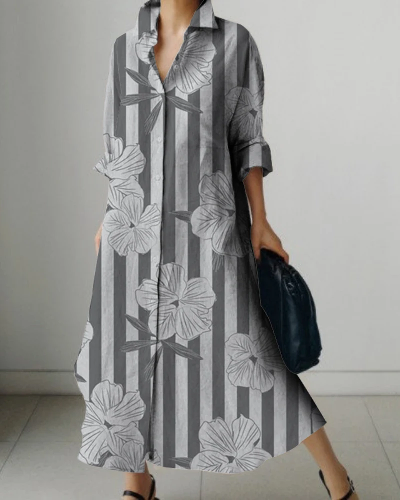 Vestido de manga comprida estampado floral feminino, lapela, tamanho positivo, respirável, confortável, roupas de primavera e verão 9 S99546704ad6e461e9a2a5a08a85b529aO