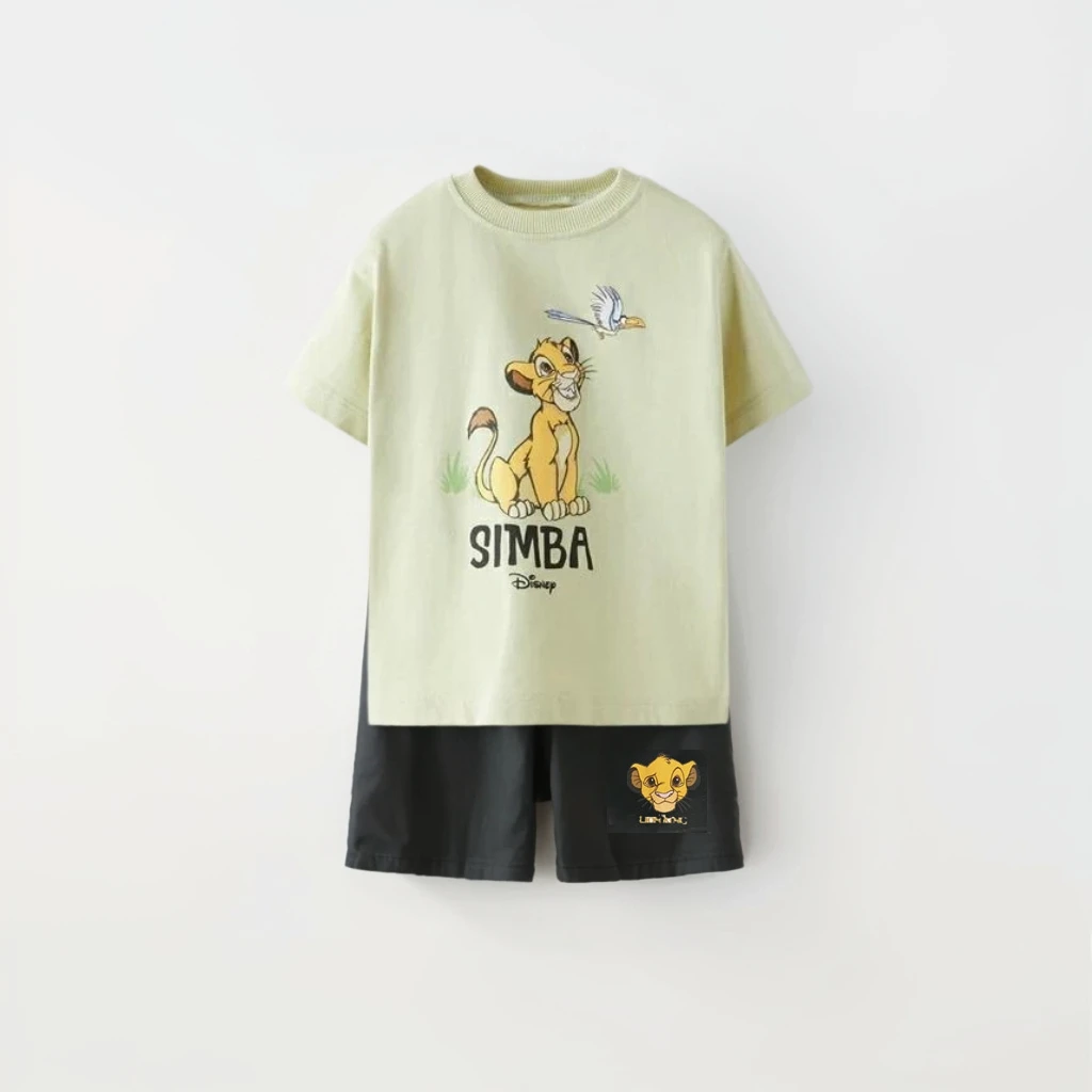 Disney Lion King Simba Print Boys' Clothing Short Sleeved Sportswear Summer T-shirt+tight Shorts Two-piece Set Children's Cloths 3