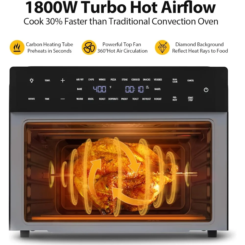 32QT Extra Large Air Fryer, 19-In-1 Air Fryer Toaster Oven Combo with Rotisserie and Dehydrator, 6 Accessories, 1800w, Black 5