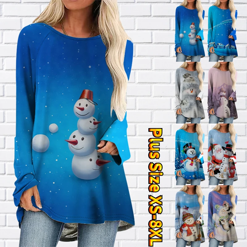 

2022 New Autumn Winter Snowman T-shirt Christmas Top Fashion Printed Long Sleeve Women Round Neck Loose Size Tee Shirt Pullover