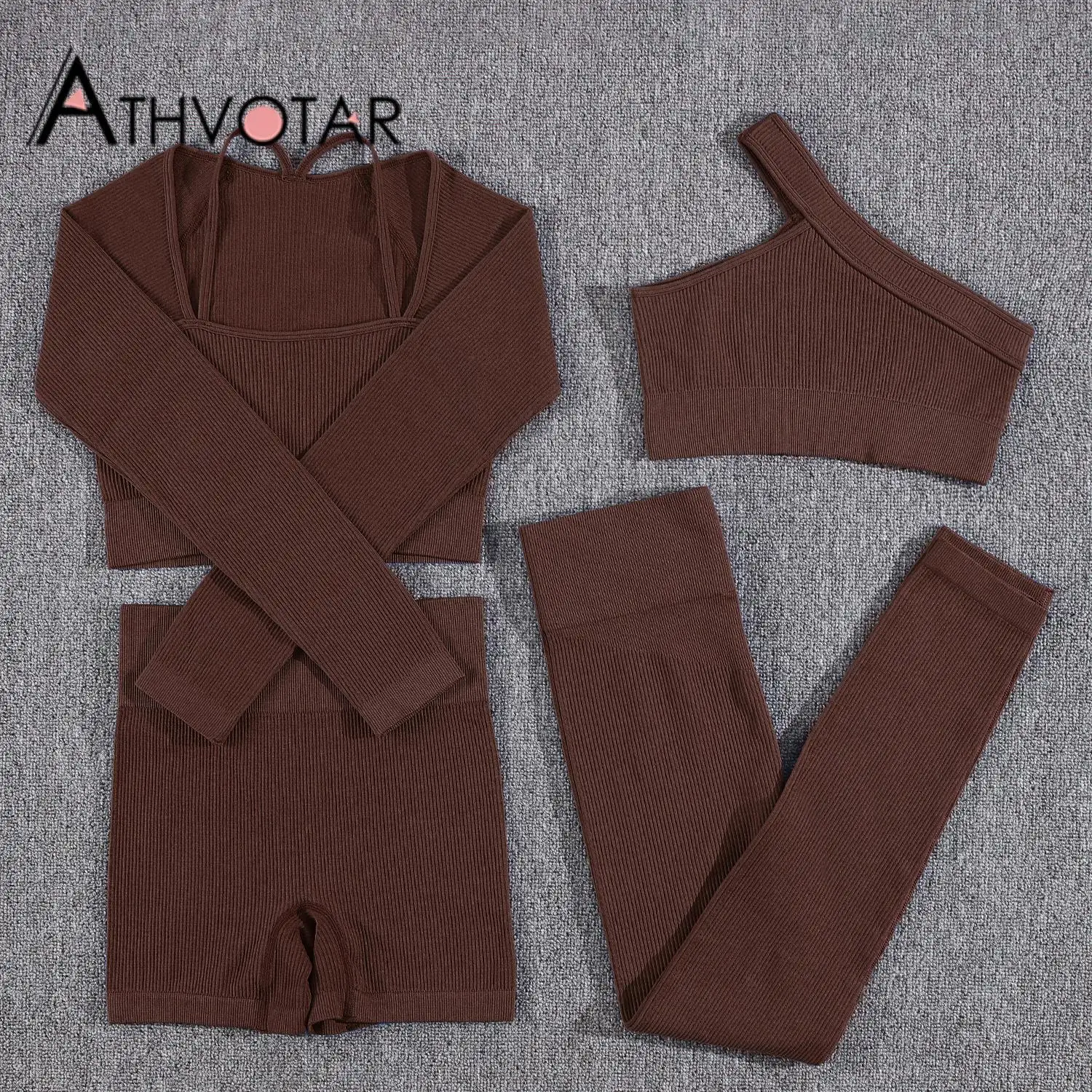 

ATHVOTAR Seamless Set 4/6 Pcs Women Crop Top New Ribbed Elastic Long-Sleeved Set High-Waist Sports Push Up Casual Leggings Set