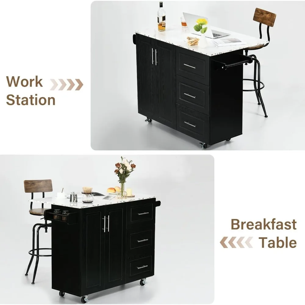 Kitchen Island with Storage, White Marble Tabletop, Rolling Kitchen Island Cart on Wheels Table for Black