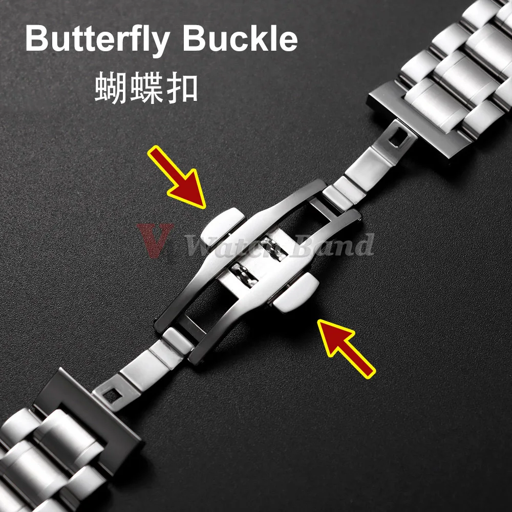 Universal Curved End Solid Stainless Steel Watch Band with Butterfly Clasp