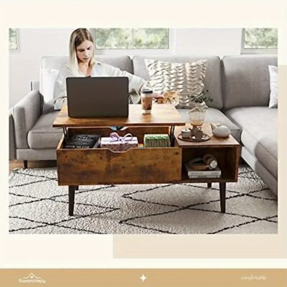 Wood Lift Top Dining Tabletop Home Office Coffee Tea Table with Adjustable Shelf
