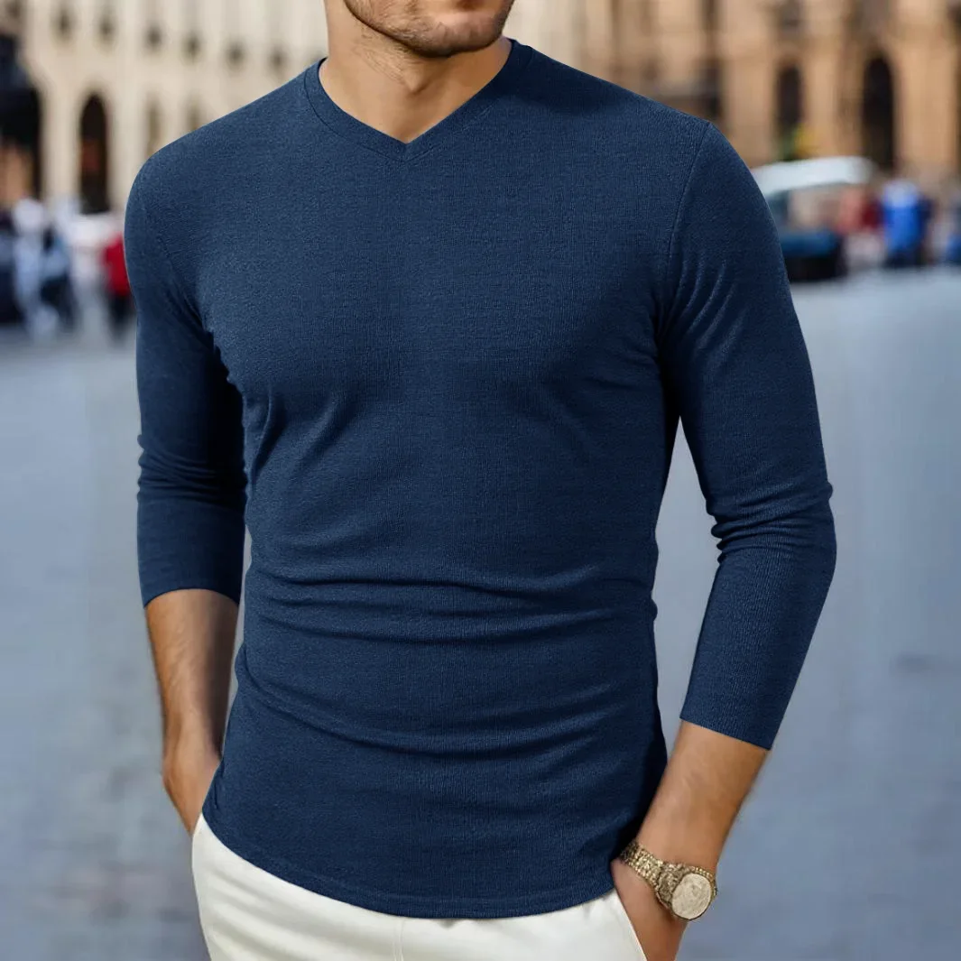 Neues Herren-Business-Casual-Langarm-T-Shirt mit einfarbigem V-Ausschnitt für Herbst und Winter, bequemes, modisches, vielseitiges Oberteil