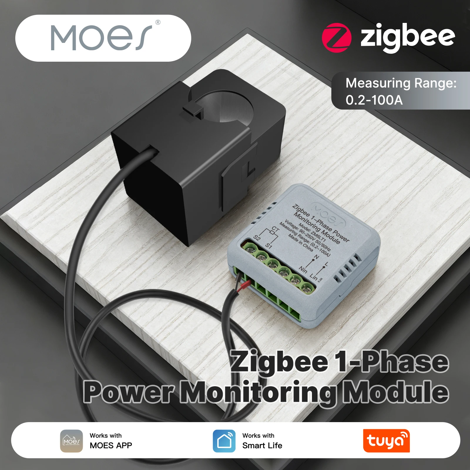 MOES Zigbee 스마트 단상 에너지 전력계 100A Tuya APP 모니터링 모듈 전류 변압기 센서 클램프가 있는 양방향 모듈