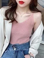 Korea Summer Tops 2026 New Solid V-Neck Elastic Knitted Suspender Camis Women's Tanks Clothing Basics Shirt - Image 6