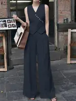 ZANZEA Women Pant Sets Irregular Buttons Vests Wide Leg Trouser Pant Suits Stylish Elegant 2pcs Outfit Streetwear Office Tops - Image 2