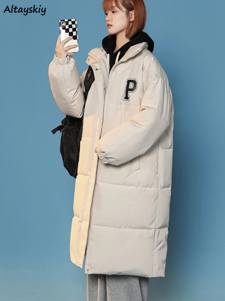 

Letter Parkas Women Winter Long Style Coats Baggy Fashion Design Thick Warm Students Casual Stand Collar Jacket Daily All-match